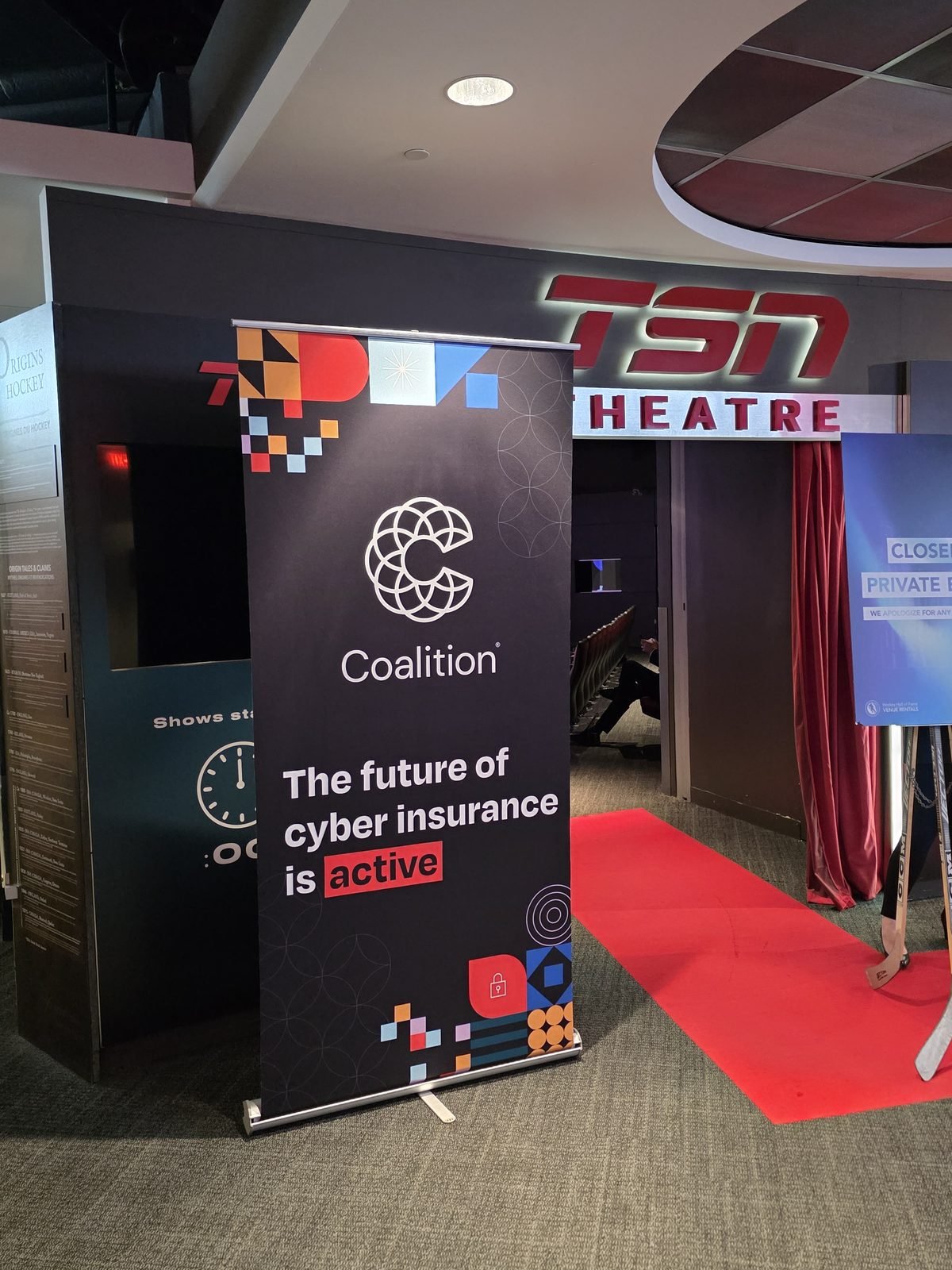 Coalition banner reading The future of cyber insurance is active outside the TSN Theatre at the Hockey Hall of Fame in Toronto