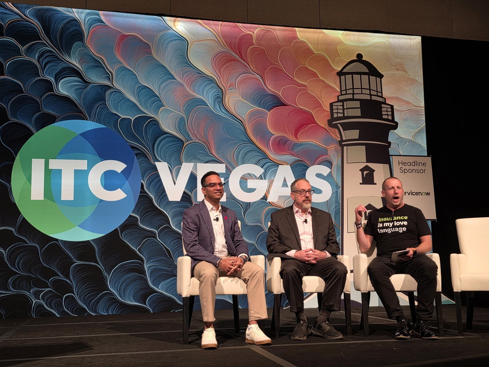 Sai Vishnubhatla, Robert Pick and Nigel Walsh on stage at ITC Vegas 2026
