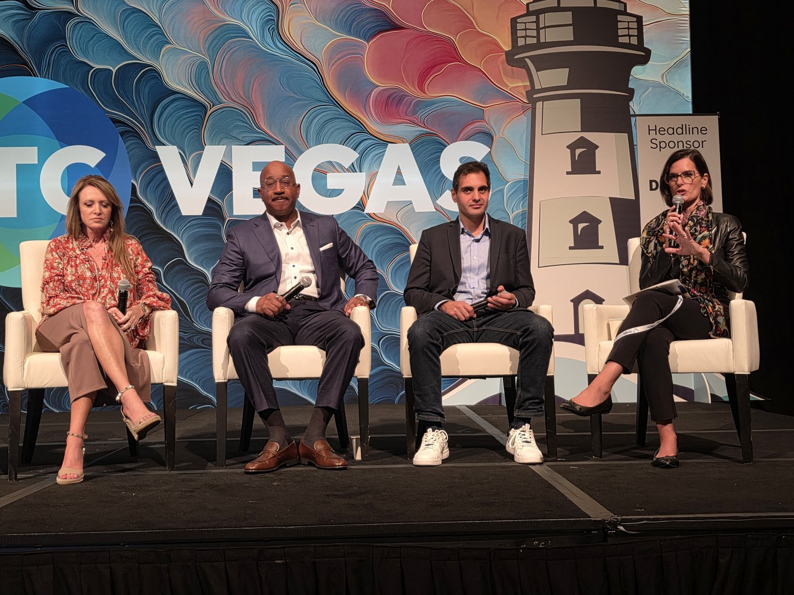 Alina Wilkinson of Liberty Mutual, Cain Hayes, former CEO of Point32Health, and Jeremy Jawish of Shift Technology on stage at ITC Vegas 2026 discussing AI-assisted insurance fraud.