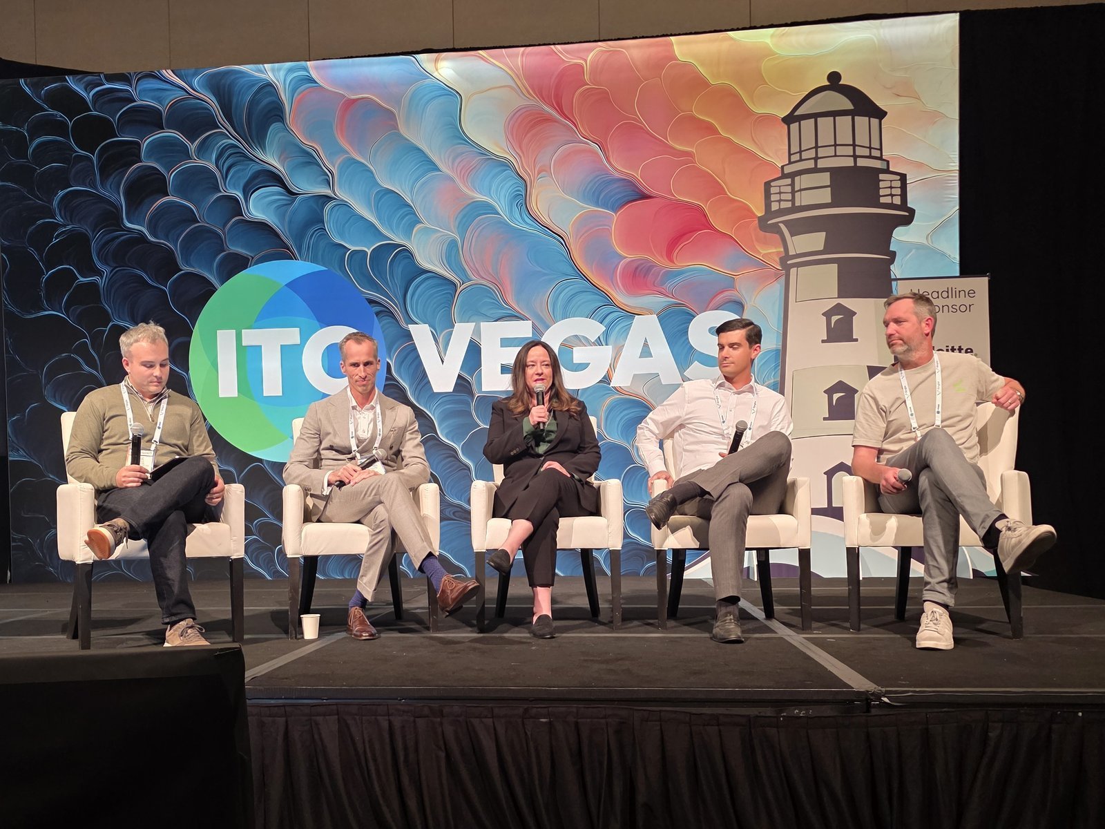 Mike Mansell, Thomas Galbraith, Elena Herrick, Dante La Ruffa and Alexander Niehenke on stage at ITC Vegas 2026 discussing MGA capacity and capital.