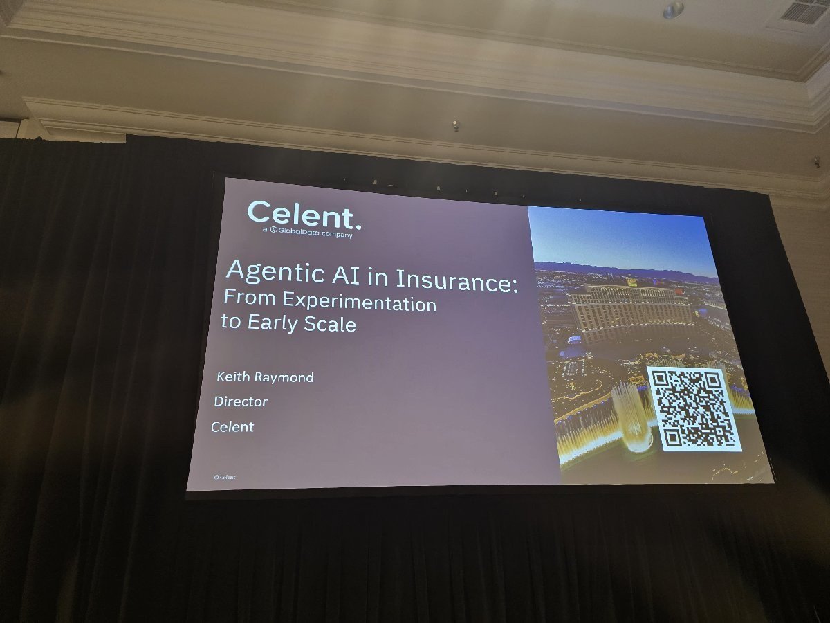 Title slide for Agentic AI in Insurance: From Experimentation to Early Scale, presented by Keith Raymond of Celent at ITC Vegas 2026