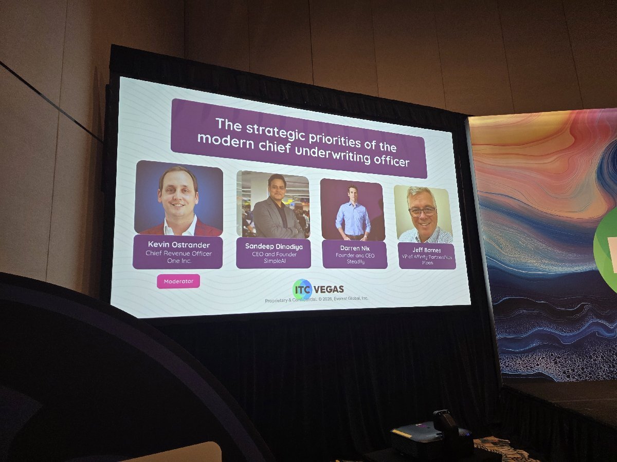 Speaker slide for the panel on the strategic priorities of the modern chief underwriting officer at ITC Vegas 2026, with Kevin Ostrander, Sandeep Dinodiya, Darren Nix and Jeff Barnes