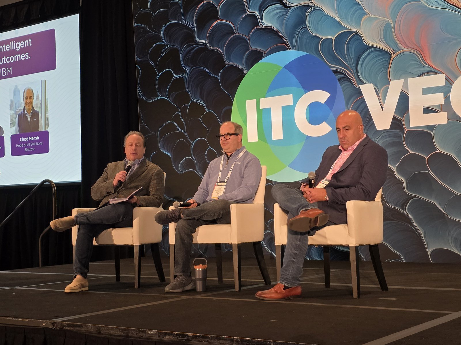IBM panel at ITC Vegas 2026: Lawrence Krasner of IBM moderates Chad Hersh of Bestow and Nicholas Volpe of Prosperity Life on AI-led transformation and platform modernization.