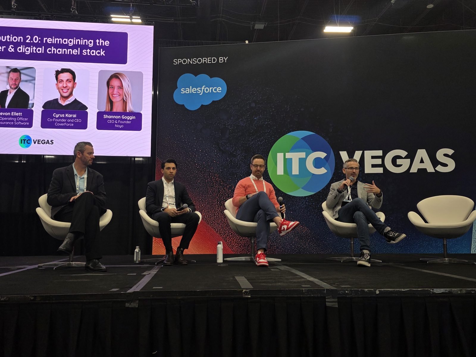 Distribution 2.0 panel on the Growth Stage at ITC Vegas 2026, sponsored by Salesforce, with speakers from Equal Ventures, INTX Insurance Software, CoverForce and ThreeFlow