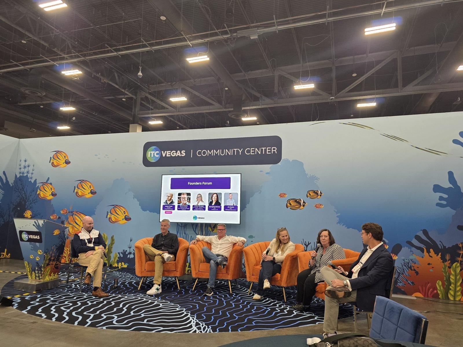 Founders Forum panel at the ITC Community Center, ITC Vegas 2026, with speakers from Attachment Points, MISSION Underwriters, Equal Ventures, Ascendex Underwriters, American Life and Corgi